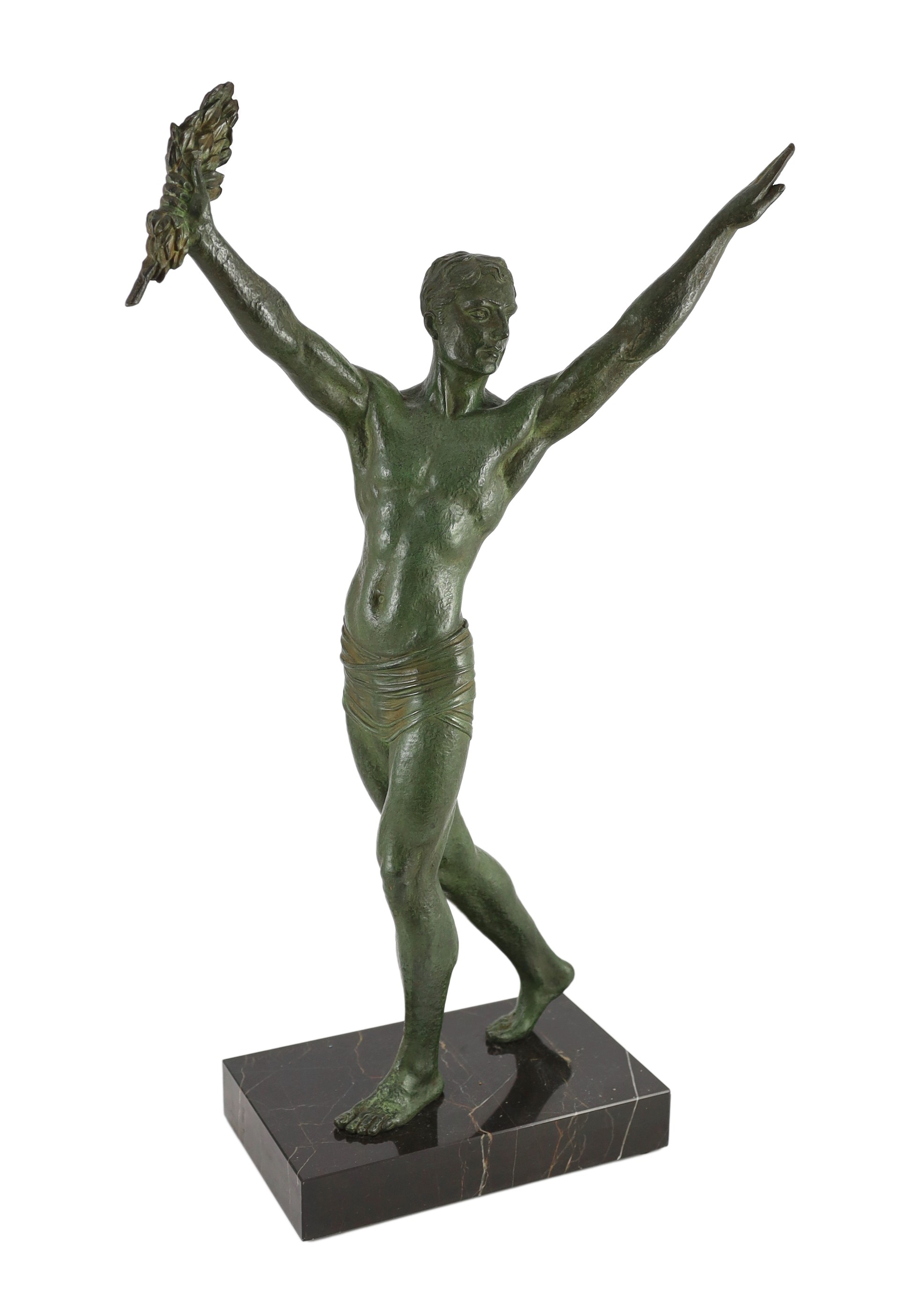 J. Darcourt. NB. An Art Deco patinated spelter figure of a victorious athlete, depth 15cm height 63cm